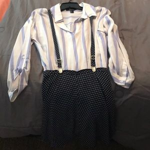White/purple blouse w/suspenders navy blue/white.